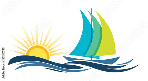 Stylized Sailboat at Sea with Sun Illustration.