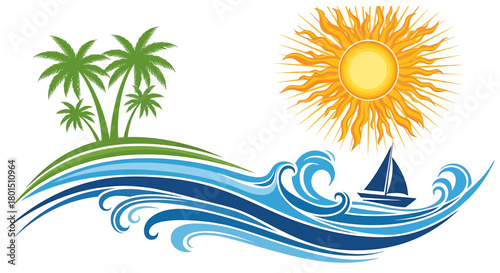 Tropical Island Paradise with Palm Trees, Waves, Sun, and Sailboat Illustration.
