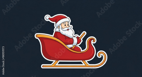 Santa claus rides in a red sleigh with gold runners, delivering gifts and spreading joy on a dark winter night, full of festive cheer
