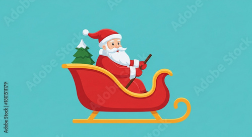 Santa claus drives a red sleigh with a christmas tree in the back, delivering gifts and spreading holiday cheer on a bright day