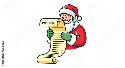 Santa claus with a long wishlist isolated on, a humorous vector illustration for holiday promotions and festive marketing campaigns