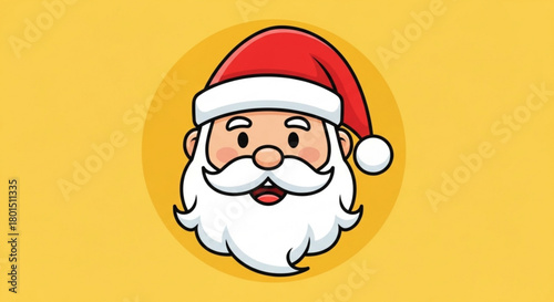 A cheerful cartoon santa claus head with a red hat and a white beard isolated on a yellow background, radiating festive joy and holiday spirit