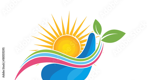 Vibrant logo design featuring a hand holding a sun and sprout.