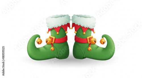 A pair of green elf shoes with bells and buckles, perfect for adding a touch of whimsy to your holiday designs isolated on