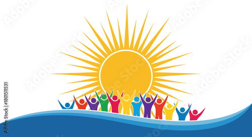 Diverse community celebrates under the sun, symbolizing unity and hope.