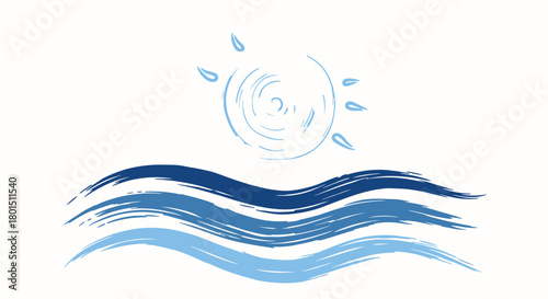 Stylized Ocean Waves and Sun Illustration with Brushstroke Texture.