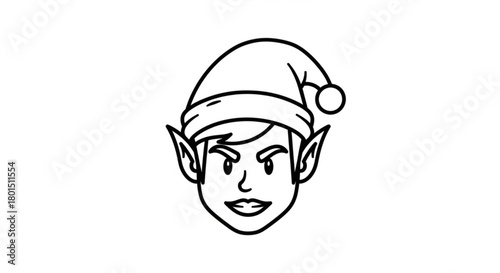 An outline illustration of a christmas elf with pointy ears wearing a santa hat isolated on a simple black and white drawing of a holiday elf