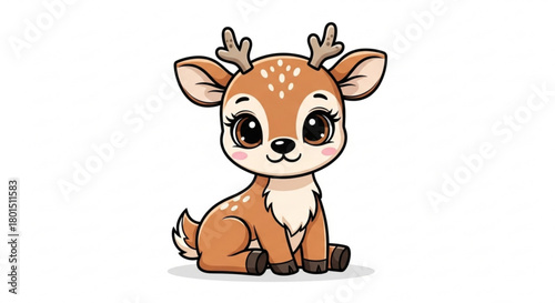 A cute cartoon baby deer with big eyes and antlers isolated on a sweet fawn illustration for childrens books and holiday designs