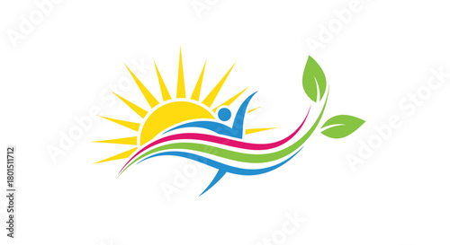 Vibrant Wellness Logo - Sun, Figure, and Leaves Symbolizing Health and Growth.