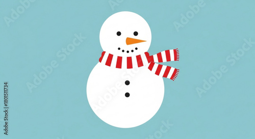 A minimalist snowman illustration with a striped scarf and carrot nose on a light blue background, perfect for winter themed designs and greeting cards