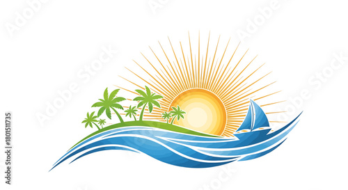 Tropical Island Getaway Logo with Palm Trees, Sun, and Sailboat.