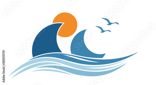 Stylized Ocean Waves with Sun and Birds Logo Design.