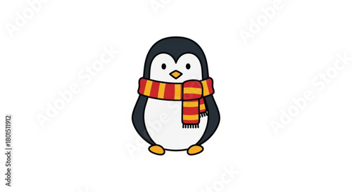 Adorable penguin illustration isolated on, showcasing a cute animal wearing a scarf, perfect for winter and holiday themes, simple and charming
