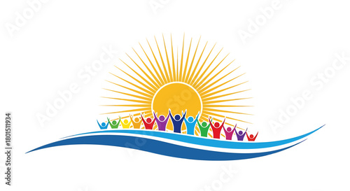 Illustration of diverse people united under a radiant sun, symbolizing hope and community.