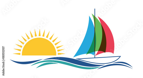 Colorful Sailboat Sailing on Wavy Waters with a Radiant Sun.