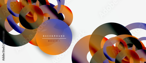 Abstract colorful shapes overlap, creating dynamic visual composition. Gradient hues blend smoothly, forming modern design element.