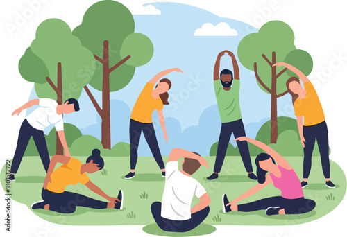 Group of diverse people doing various yoga stretches and exercises in a serene outdoor park setting with trees and blue sky.