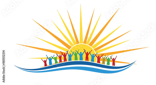 Colorful People Reaching for the Sun Above Blue Waves.