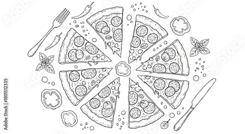 Hand drawn illustration of pepperoni pizza slices