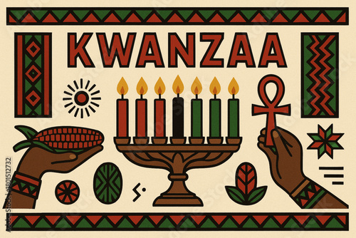 A colorful kinara with seven candles representing the principles of kwanzaa