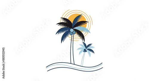Tropical Palm Trees with Sun and Waves Illustration.