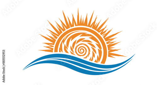 Stylized Sun and Wave Logo Design with Spiral Center and Radiating Rays.