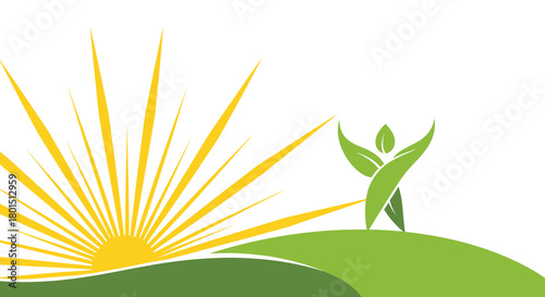 Symbolic representation of growth and vitality with sun and plant figure.