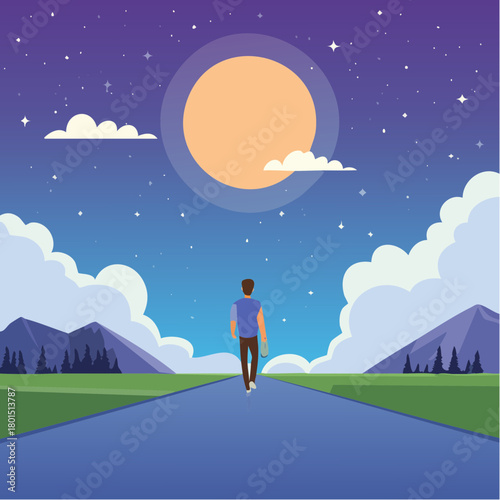 solitude concept art. single lifestyle man walking alone in the night.