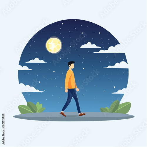 solitude concept art. single lifestyle man walking alone in the night.