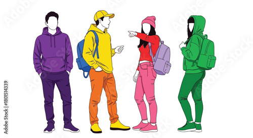 Stock illustration of diverse students with backpacks and hoodies