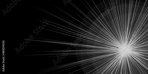 Abstract light beam with Bright Starburst Glowing Light Beam Across Dark Background. Collection of many glowing light effects and starbursts on black background. Sun lights on a dark background. 