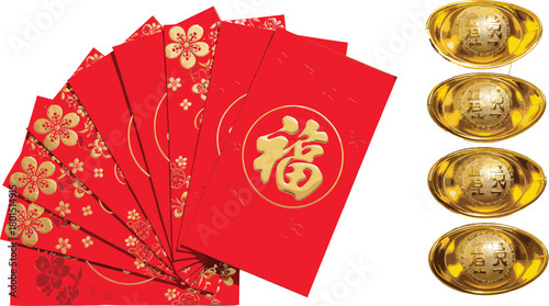 Chinese New Year prosperity vector—red envelopes with 福 character and stacked gold ingots for festive gifting and wealth-themed visuals