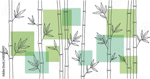 Seamless Pattern with Bamboo Stalks Leaves and Green Squares Oriental Style Background Illustration Artistic Decoration and Nature Design
