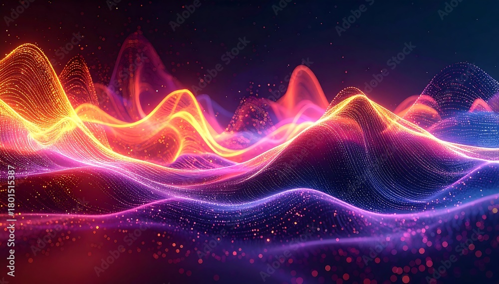 Obraz premium Abstract waves luminous orange, pink, & blue strands flow creating mountain ridges against a dark bokeh background