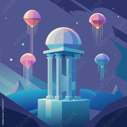 Surreal alien landscape with glowing geometric structures and floating orbs