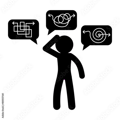 Confused person surrounded by chaotic thought symbols, representing ADHD, overthinking, and mental health challenges. Vector illustration. ADHD education, awareness, infographics, design template.