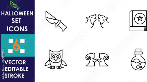 Clean Halloween icon set displaying knife, vampire bats, spellbook, owl, scrolls, and potion bottle, all drawn in simple editable stroke style on white background