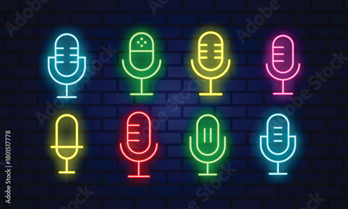 Neon colorful glowing Microphone icons set on black background. Neon bright color Microphone icon set. Glowing neon icon set. Glowing Microphone black background. Microphone background	