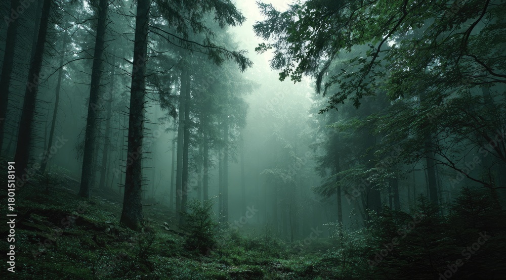 Fototapeta premium Misty, dense forest. Tall trees shrouded in fog