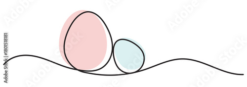 One line drawing. Abstract decorative horizontal ornament with easter color eggs. Beautiful hand drawn easter eggs. Minimalist one line art eggs. Easter continuous line eggs.