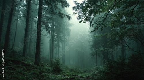 Misty, dense forest.  Tall trees shrouded in fog