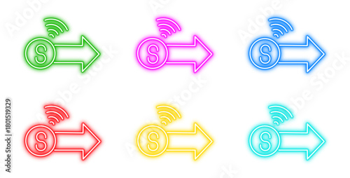 Neon finance transaction icon vector set. Bright glowing electronic currency transfer symbols pack.