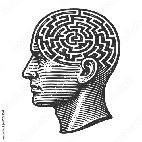 human head with a labyrinth inside the brain, problem-solving and complex thinking sketch engraving generative ai vector illustration. Scratch board imitation. Black and white image.