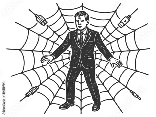 businessman caught in a spider web made of cables and connectors, tech addiction or digital entrapment sketch engraving generative ai vector illustration. Scratch board imitation. Black and white.