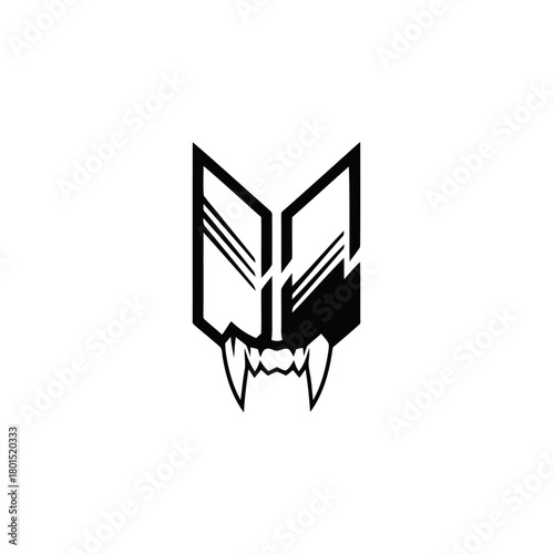 Abstract black and white fanged creature logo design.