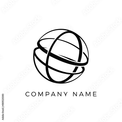 Abstract black and white globe logo design with intertwined rings.