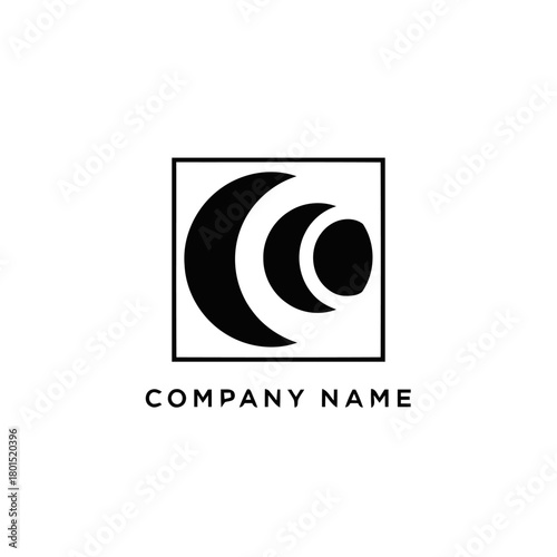 Abstract black and white logo design with three crescent shapes inside a square frame.