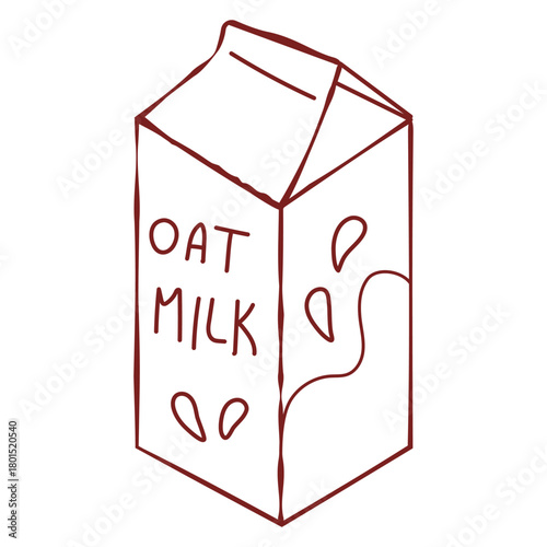 Minimalist oat milk package illustration, vegan natural drink, hand sketch carton box, healthy food for cafe or kitchen art
