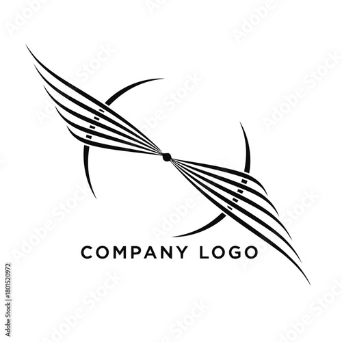 Abstract company logo with dynamic wings and circular elements.