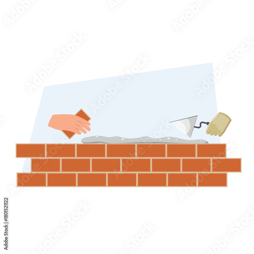 Bricklaying process flat illustration, construction worker hands, brick wall vector, trowel, tool, house repair, masonry scene